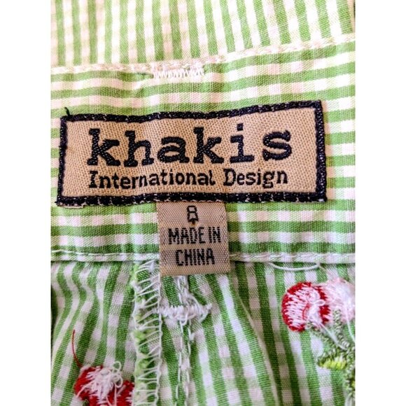 Khakis Brand Shorts Womens 8 Gingham Cherry Bermuda Walking Embroidered Green - Picture 4 of 5